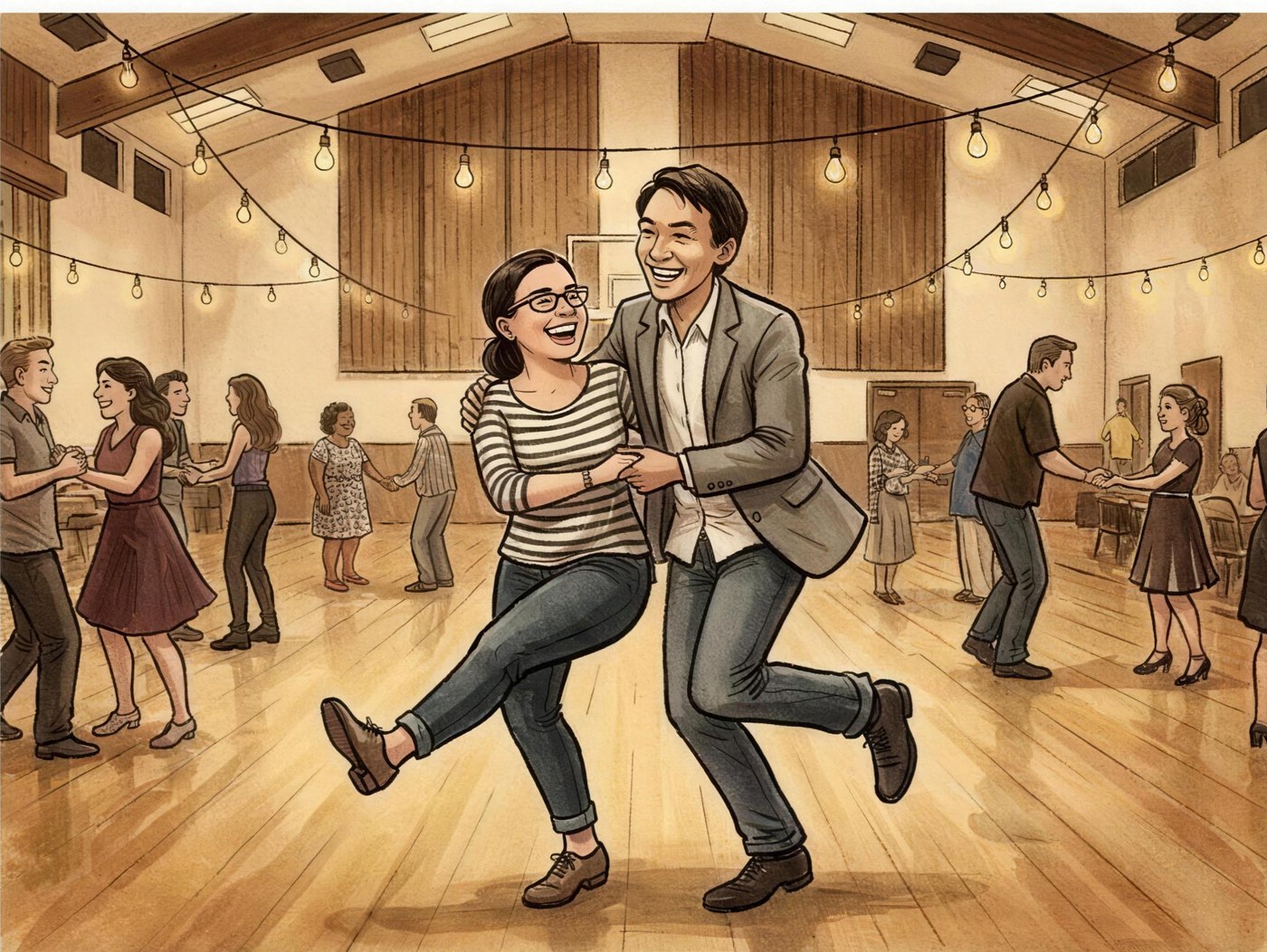 Illustration of Tan and Adri demonstrating a basic Lindy Hop step in a warm dance hall
