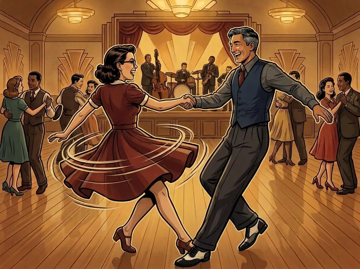 Illustration of a couple mid swing-out in an art-deco ballroom with a jazz band